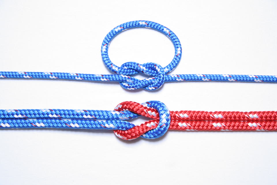 Photo of reef knots: one binding a loop of line (top) and one showing the knot's structure in two colours (bottom)